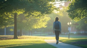 morning-stroll-college-campus-woman-walking-down-sunlit-pathway